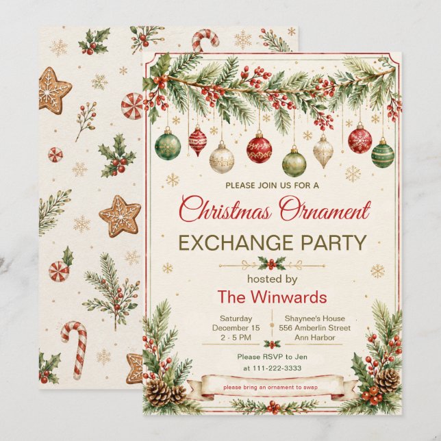 Invitación Fiesta de Intercambio de Adornos de Navidad (Anverso / Reverso)