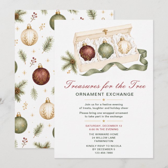 Invitación Fiesta de Intercambio de Adornos de Navidad (Anverso / Reverso)