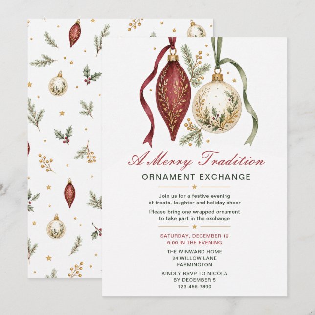 Invitación Fiesta de Intercambio de Adornos de Navidad (Anverso / Reverso)