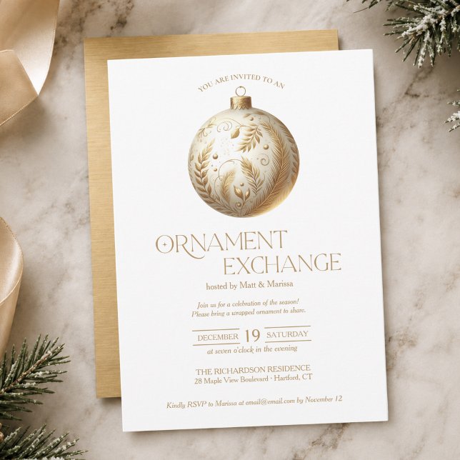Invitación Fiesta de Intercambio de Adornos Navideños (chic elegant white and gold ornament exchange Christmas holiday invitation)