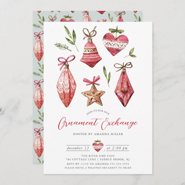 Invitación Fiesta de intercambio de adornos navideños festivo (Anverso / Reverso)