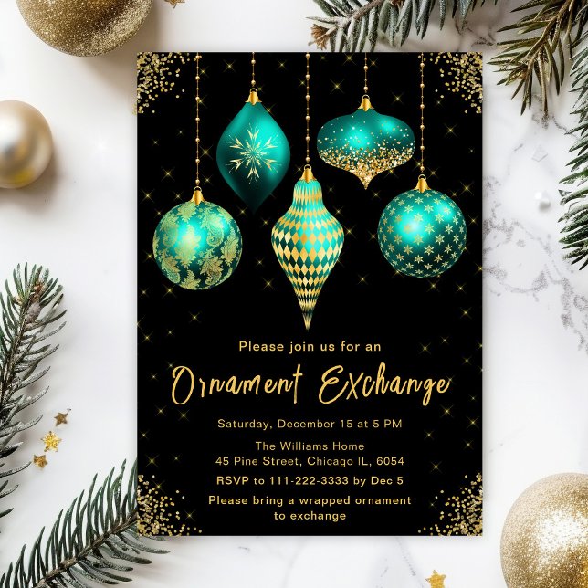 Invitación Fiesta de Intercambio de Adornos Turquesa y Dorado (Subido por el creador)