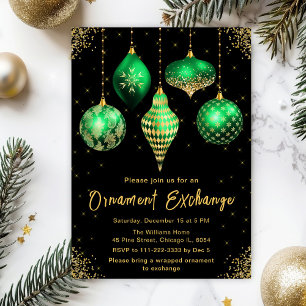 Invitación Fiesta de Intercambio de Adornos Verdes y Dorados