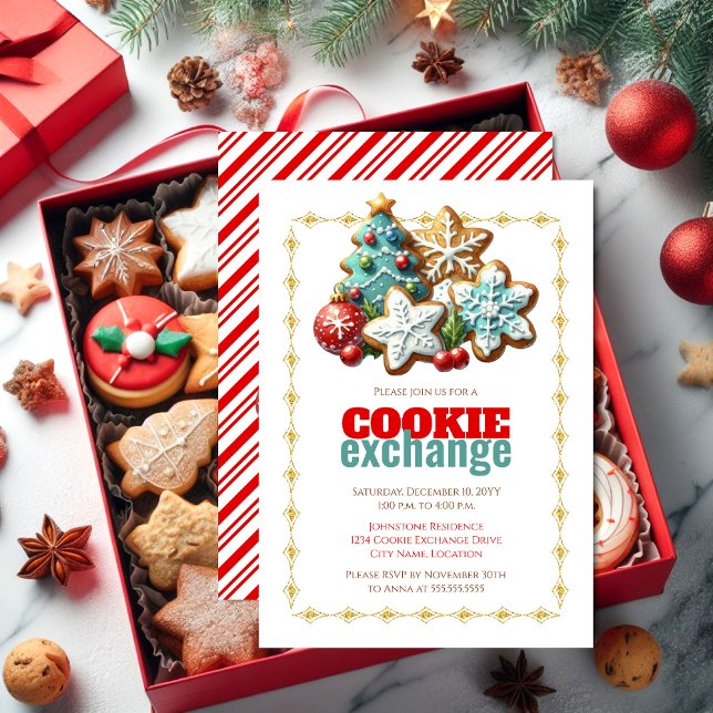 Invitación Fiesta de intercambio de cookies de Navidades de v (Holiday Christmas Cookie Exchange party invitation front and back view.)