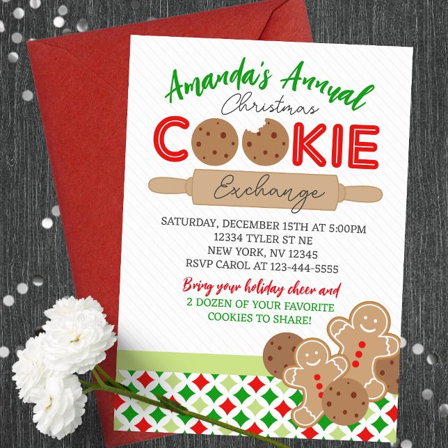 Invitación Fiesta de intercambio de cookies de Navidades de v (Bright & Merry Holiday Christmas Cookie Exchange Party Invites. Featuring sweet gingerbread cookies)