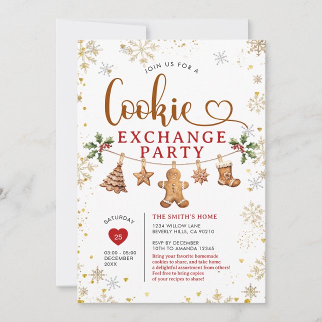 Invitación Fiesta de Intercambio de Galletas de Navidad Copos (Anverso)