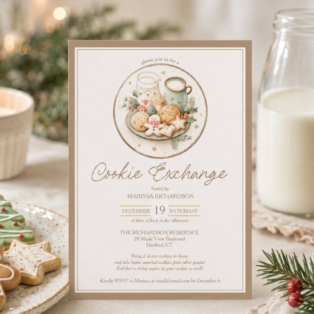 Invitación Fiesta de Intercambio de Galletas de Navidad Elega (elegant watercolor Christmas holiday cookie exchange swap party invitation card with custom details)