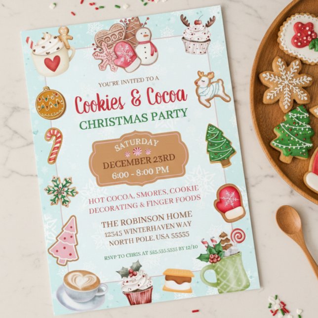 Invitación Fiesta de Intercambio de Galletas de Navidad y Cac (cute cookies and hot cocoa christmas party exchange invitations)
