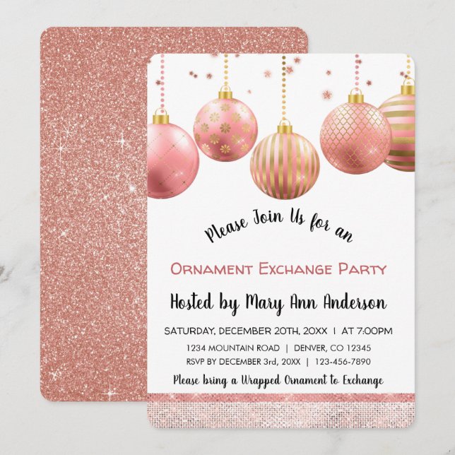 Invitación Fiesta De Intercambio De Ornamentos Cute Rosa Gold (Anverso / Reverso)