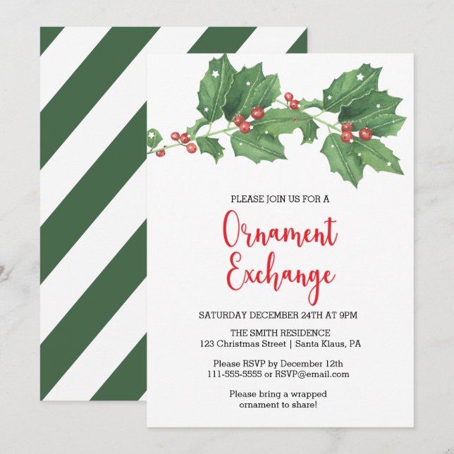 Invitación Fiesta de Intercambio de Ornamentos de Holly Wreat (Anverso / Reverso)