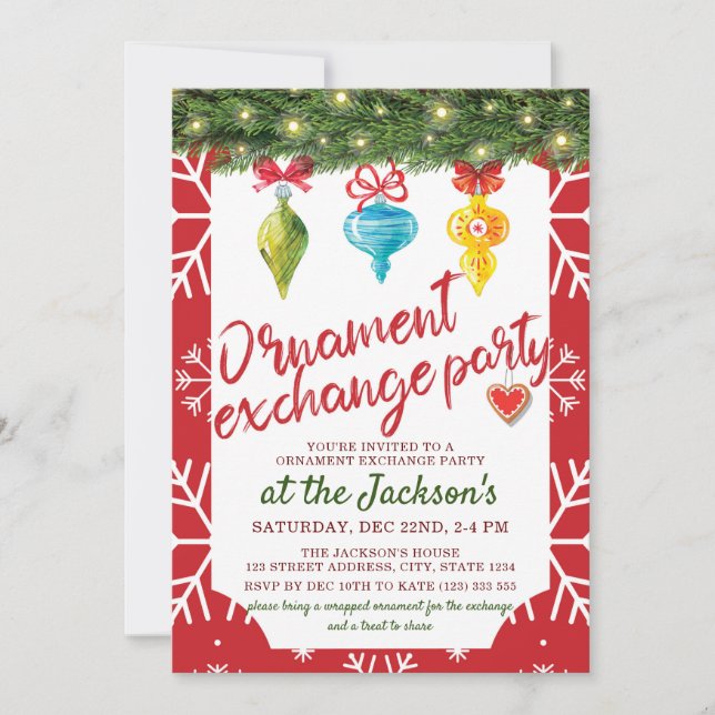 Invitación Fiesta de intercambio de ornamentos de Navidad (Anverso)