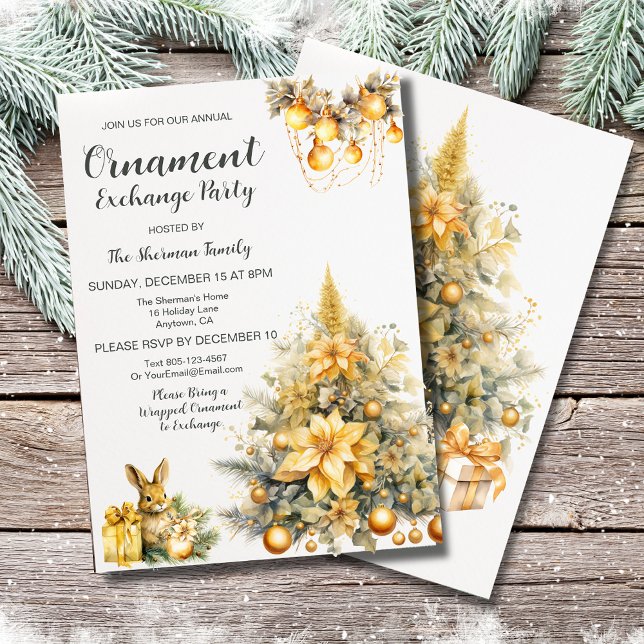 Invitación Fiesta de intercambio de ornamentos de Navidad de  (Your Ornament Exchange Party guests will love this custom cottagecore invitation in gold and green!)