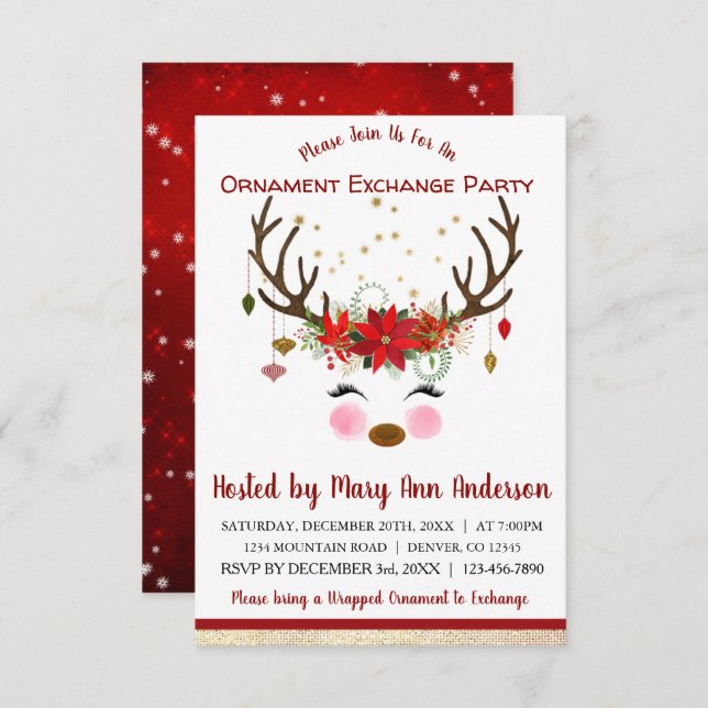 Invitación Fiesta de Intercambio de Ornamentos de Navidad par (Anverso / Reverso)