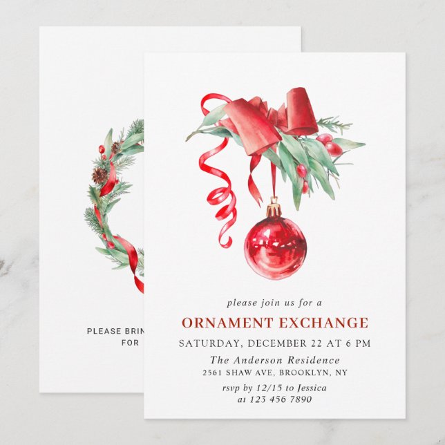 Invitación Fiesta de intercambio de ornamentos de vacaciones  (Anverso / Reverso)