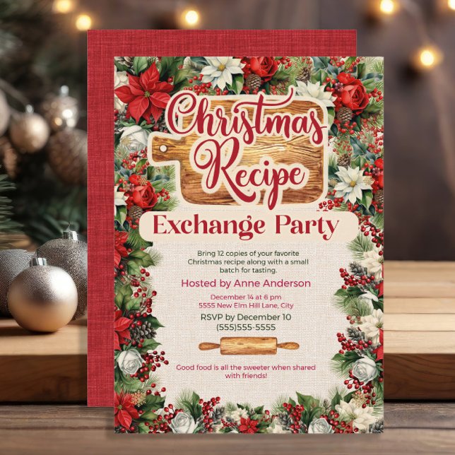 Invitación Fiesta de Intercambio de Recetas de Navidad  (Christmas Recipe Exchange party invitation)