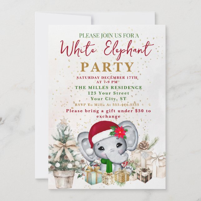 Invitación Fiesta de Intercambio de Regalos de Elefante Blanc (Anverso)