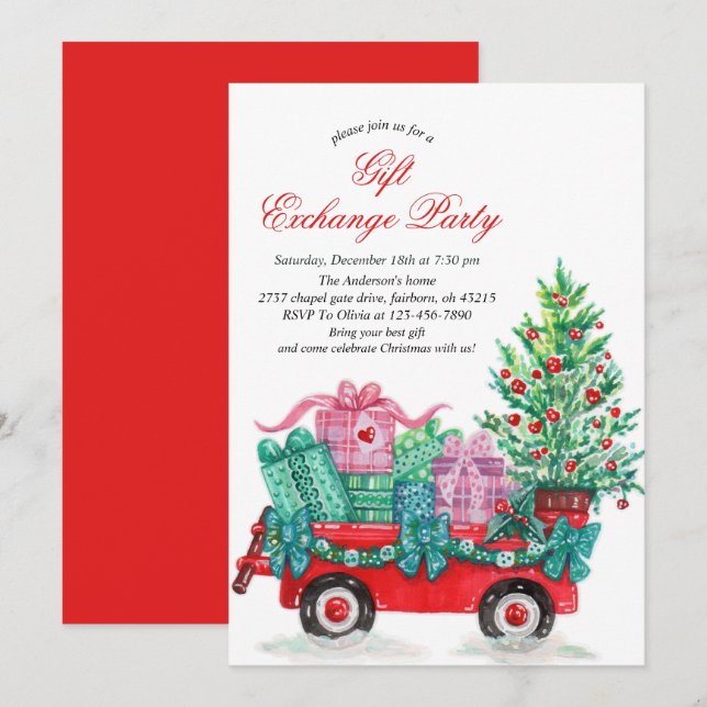 Invitación Fiesta de intercambio de regalos de Navidad con ac (Anverso / Reverso)