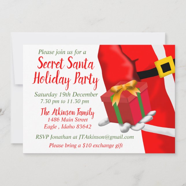 Invitación Fiesta de intercambio de regalos de Navidad secret (Anverso)
