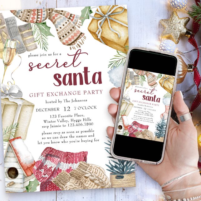 Invitación Fiesta de intercambio de regalos de Navidades secr (Secret Santa Gift Exchange Party)