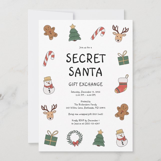 Invitación Fiesta de intercambio de regalos de Santa Secreto  (Anverso)