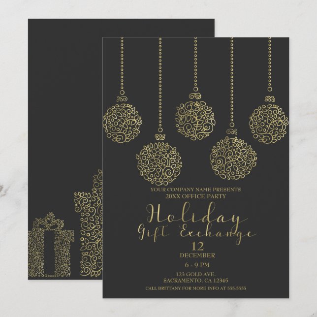 Invitación Fiesta de Intercambio de Regalos Navideños Gold &  (Anverso / Reverso)