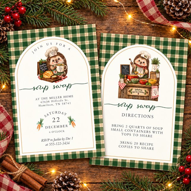 Invitación Fiesta de Intercambio de Sopa de Plaid Verde de Va (Hedgehog Holiday Green Plaid Soup Swap Party Invitation)