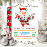 Invitación Fiesta de intercambio secreto de swaps de Papá Noe<br><div class="desc">Ven a celebrar a los Navidades con este gracioso Papá Noel sosteniendo un tendedero de medias feriadas de navidades. ¡Cuenta con una linda santa envuelta en luces de navidad y muchos calcetines! Perfecto para tu fiesta secreto de intercambio de medias de santa. Se puede cambiar toda la redacción. Para realizar...</div>