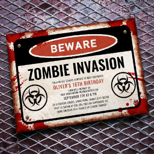 Invitación Fiesta de invasión de zombis con letrero de peligr