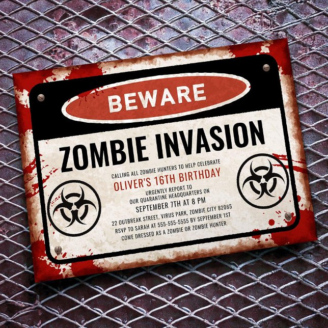 Invitación Fiesta de invasión de zombis con letrero de peligr (Subido por el creador)