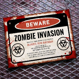 Invitación Fiesta de invasión zombie con letrero de peligro o