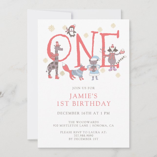 Invitación Fiesta de invierno Animales 1er cumpleaños (Anverso)