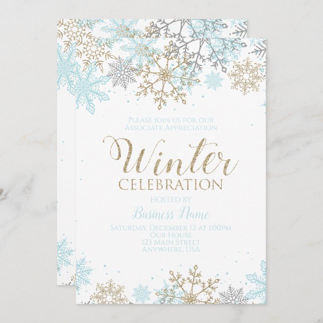 Invitación Fiesta de invierno Blue Gold Snowflakes (Anverso / Reverso)