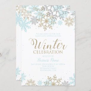 Invitación Fiesta de invierno Blue Gold Snowflakes