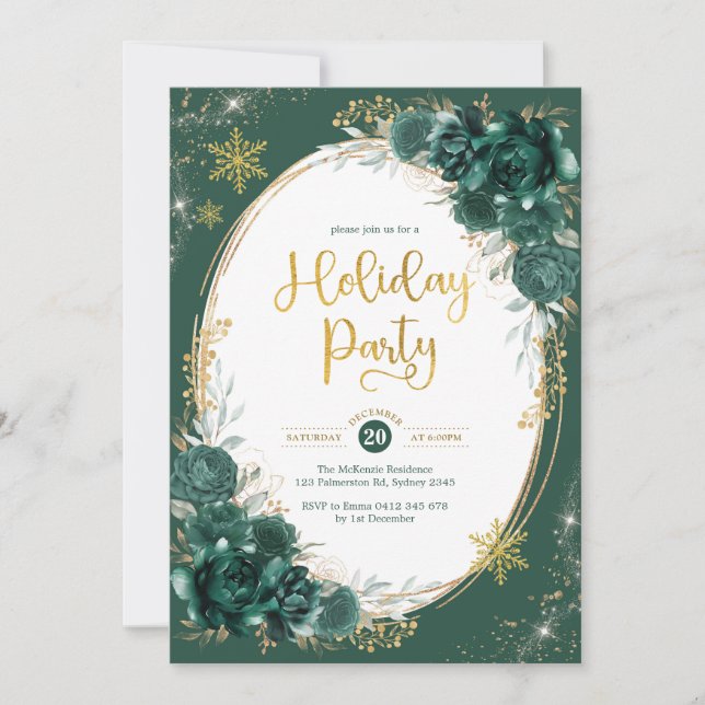 Invitación Fiesta de invierno con flores de oro verde esmeral (Anverso)