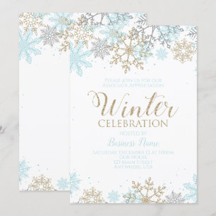 Invitación Fiesta de Invierno Copos de Nieve Azul Dorado