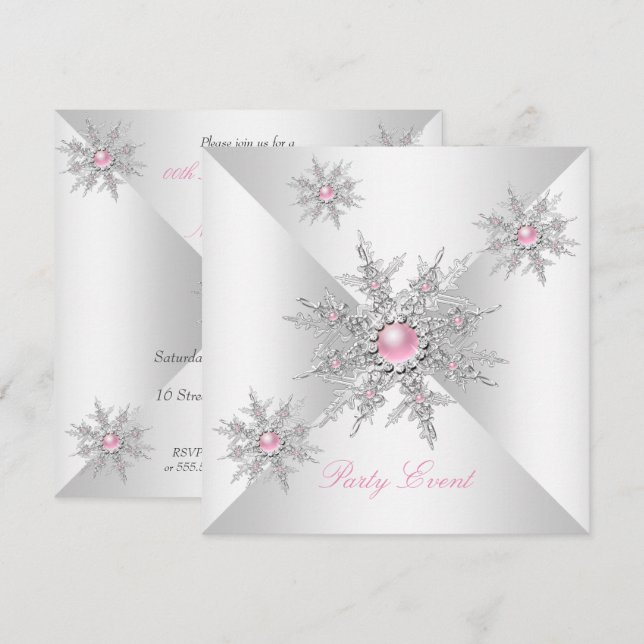 Invitación Fiesta de Invierno de Copos de Nieve Rosados (Anverso / Reverso)