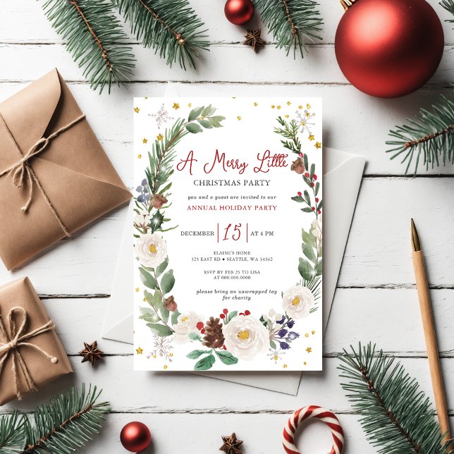Invitación Fiesta de invierno Floral Merry Little Navidades (Winter Floral Merry Little Christmas Party Invitation)