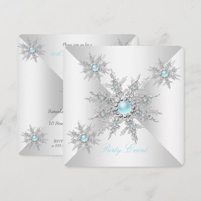 Invitación Fiesta de Invierno Mágico Copos de Nieve Turquesa  (Anverso / Reverso)