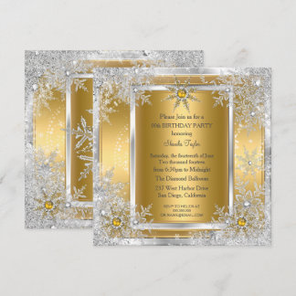Invitación Fiesta de Invierno Nieve Copo de Oro Plata Paisaje