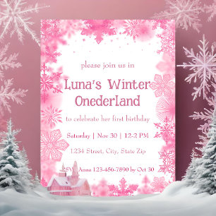 Invitación Fiesta de invierno Onederland copo de nieve rosa
