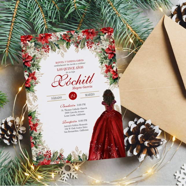 Invitación Fiesta de invierno Red Floral Elegante Quinceanera (Subido por el creador)
