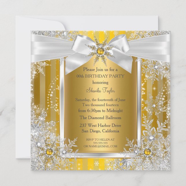 Invitación Fiesta de invierno Wonderland Snowflake Gold Silve (Anverso)