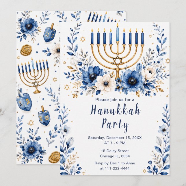 Invitación Fiesta de Janucá Azul y Dorado (Anverso / Reverso)