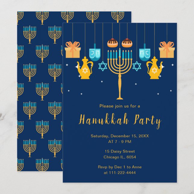 Invitación Fiesta de Janucá con Menorá (Anverso / Reverso)