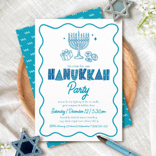 Invitación Fiesta de Janucá con tipografía turquesa y doodles