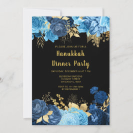 Invitación Fiesta de Janucá Flores Elegantes Azules y Doradas