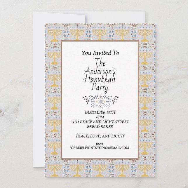 Invitación Fiesta de Janucá Menorá Azul Amarillo Moderno Senc (Anverso)