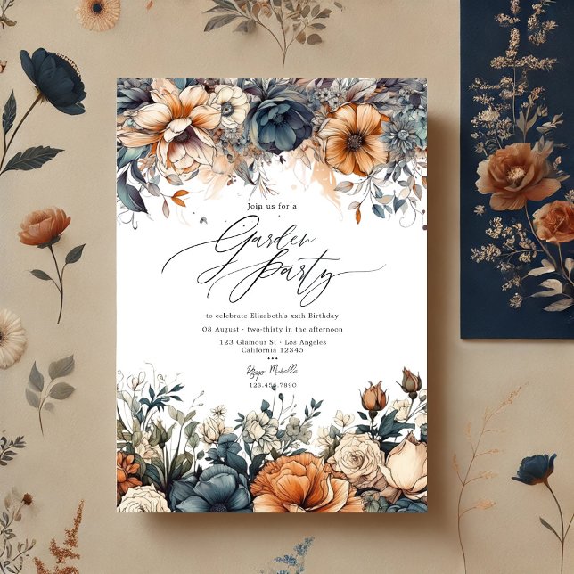 Invitación Fiesta de Jardín Azul Marino, Naranja Quemado y Ch (Navy Blue, Burnt Orange and Champagne Garden Party Invitation)