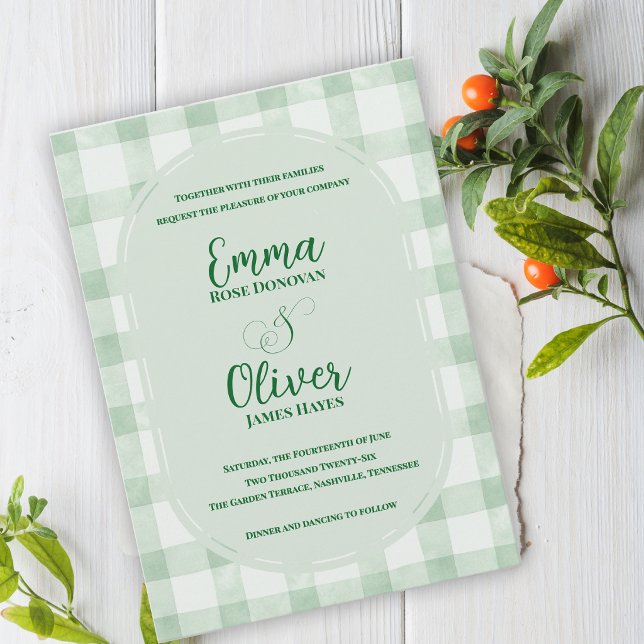Invitación Fiesta de Jardín de Boda de Gingham Verde Salvia (Sage Green Gingham Wedding Invitation | Garden Party Wedding Invite )