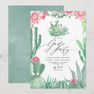 Invitación Fiesta de Jardín de Cactus Elegantes y Flores Rosa
